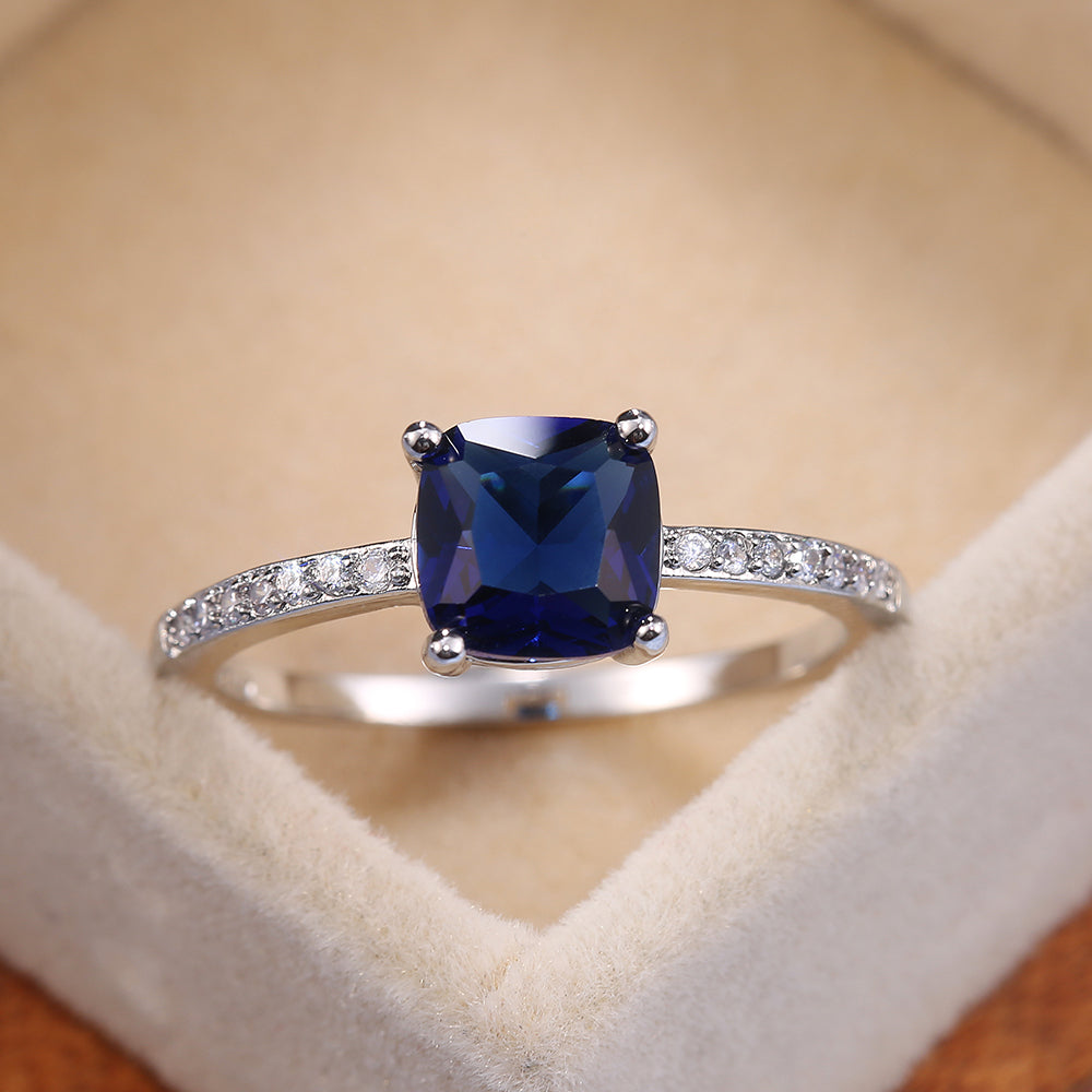 Square Blue Gem Ring for Women's Engagement