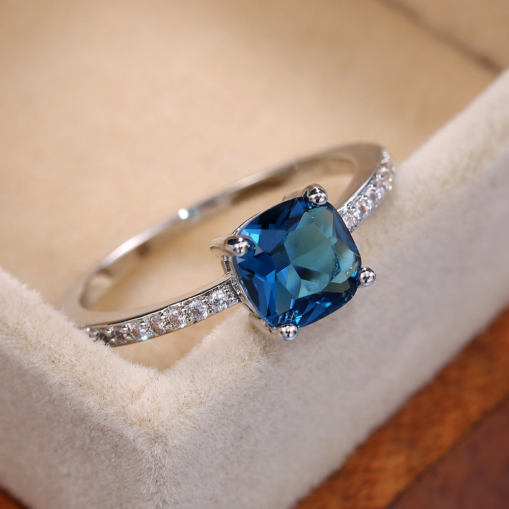 Square Blue Gem Ring for Women's Engagement