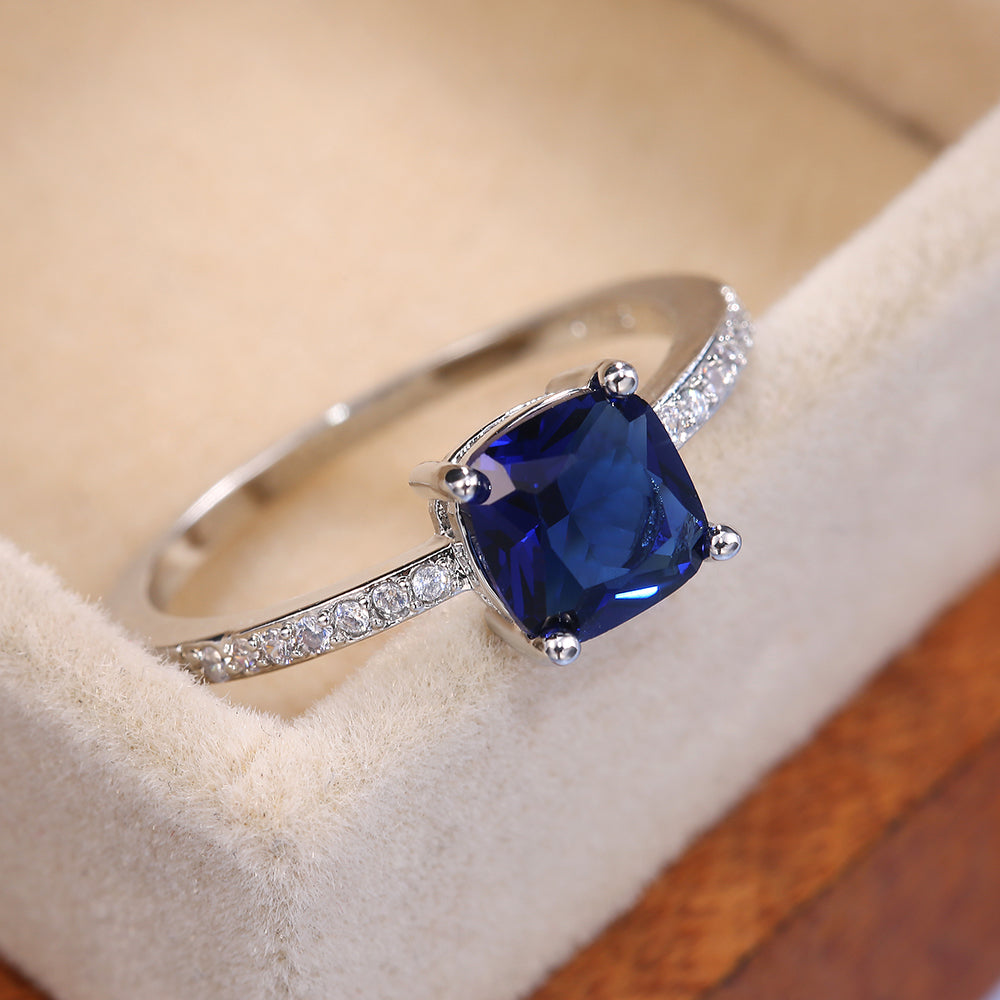 Square Blue Gem Ring for Women's Engagement