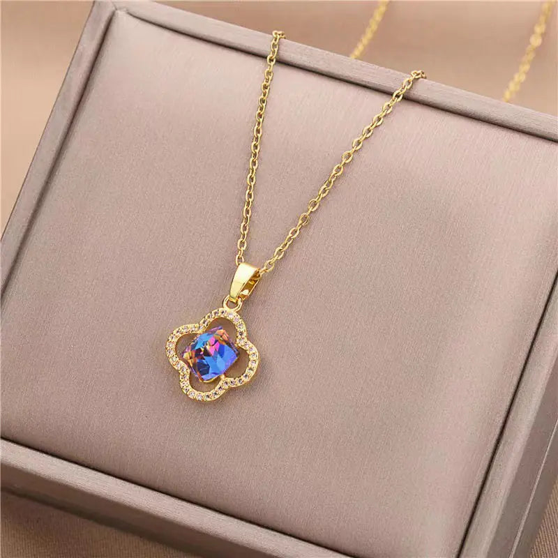 Gold Plated Heart Clover Pendant Necklace
